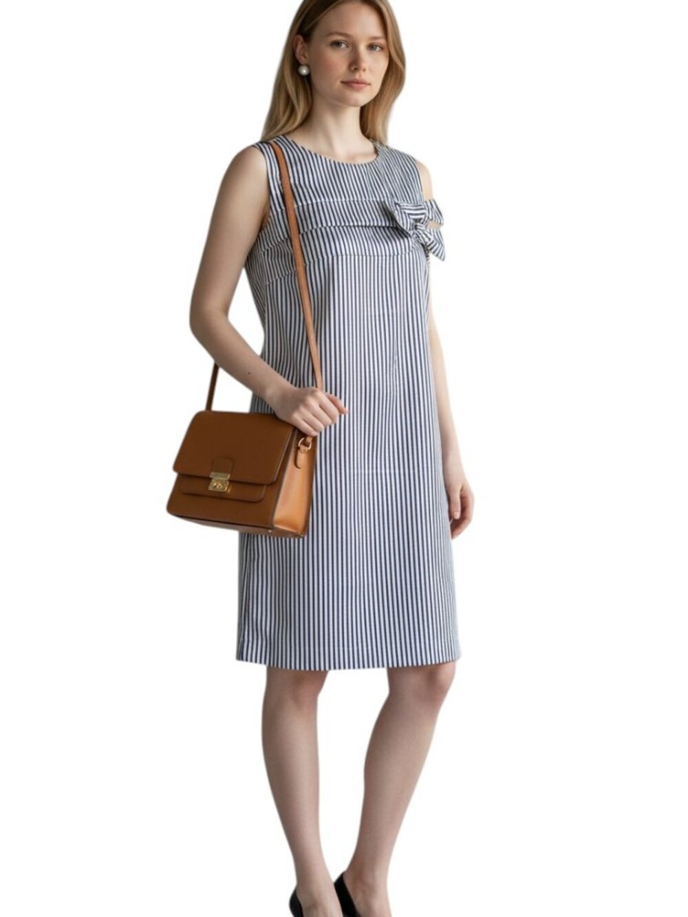 Banana Republic Dress Womens Size 8 Navy Silver Bow Striped Sheath Career Party